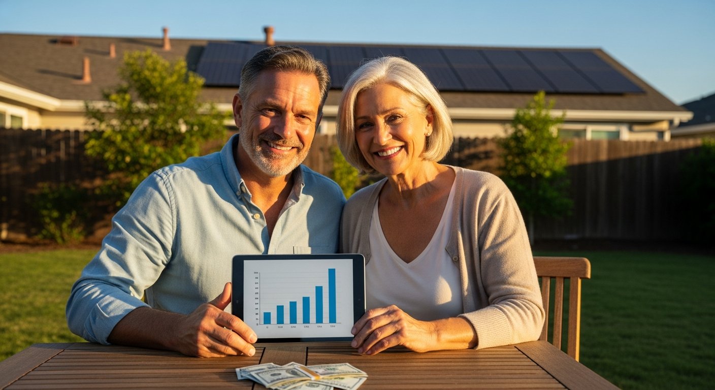 Smiling middle-aged couple standing in a sunlit backyard, holding a tablet displaying a bar graph, with solar panels…