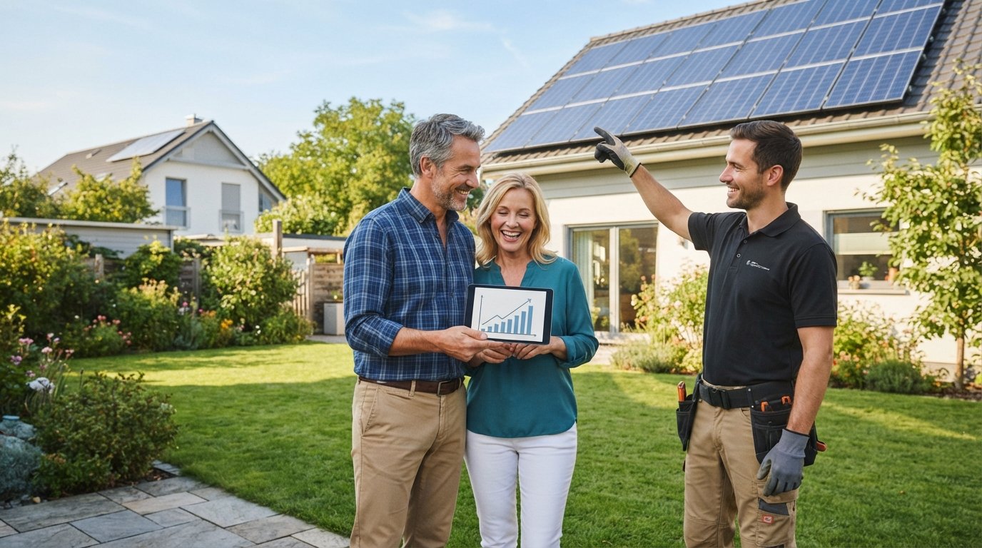 Couple and solar installer in a sunlit backyard, viewing a tablet graph of rising savings beside roof-mounted solar panels