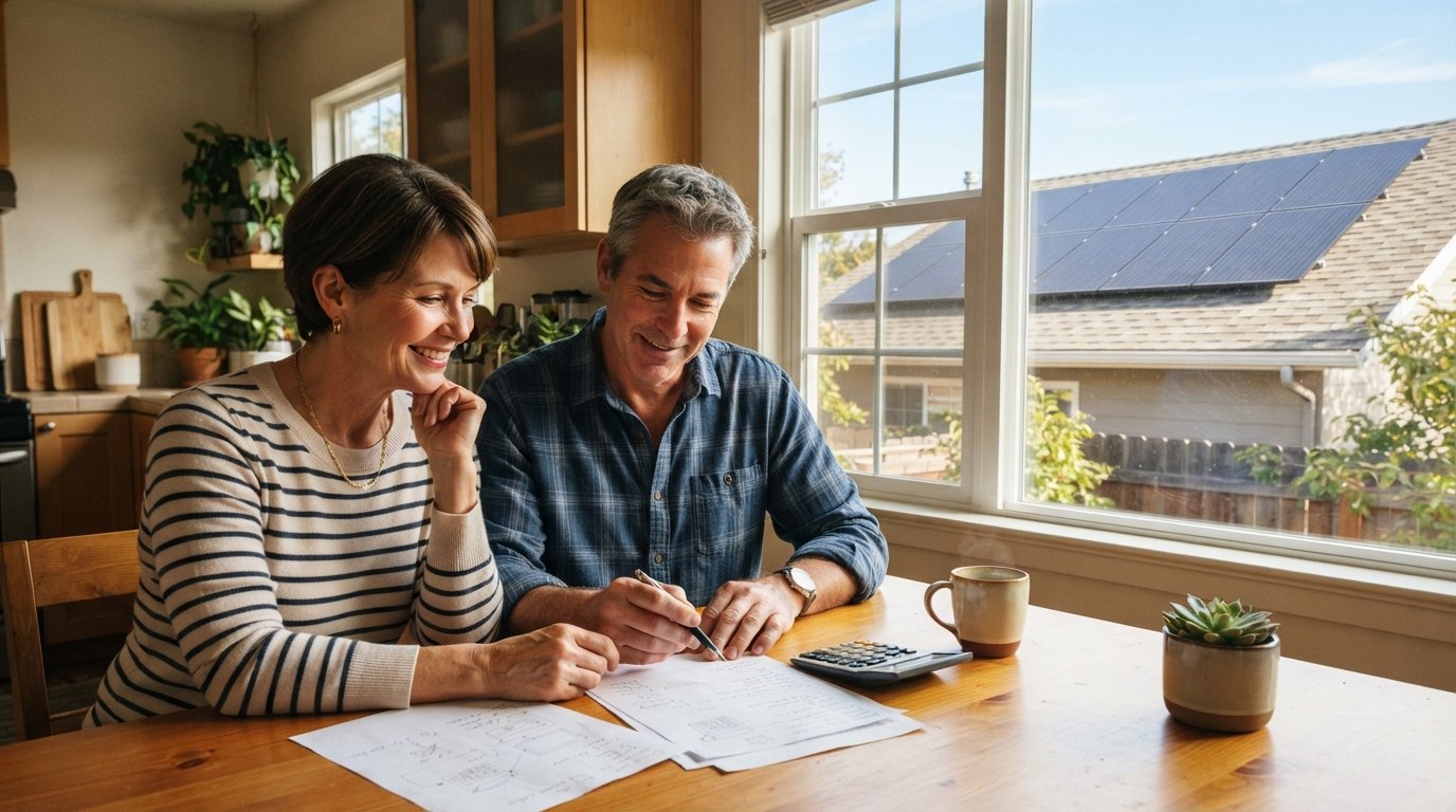 Couple reviewing paperwork with a pen and calculator at a sunlit kitchen table, rooftop solar panels visible through the…