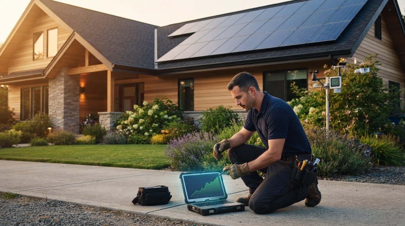 Technician in navy polo kneeling by a driveway, holding a tablet displaying an energy production line graph, with a solar…