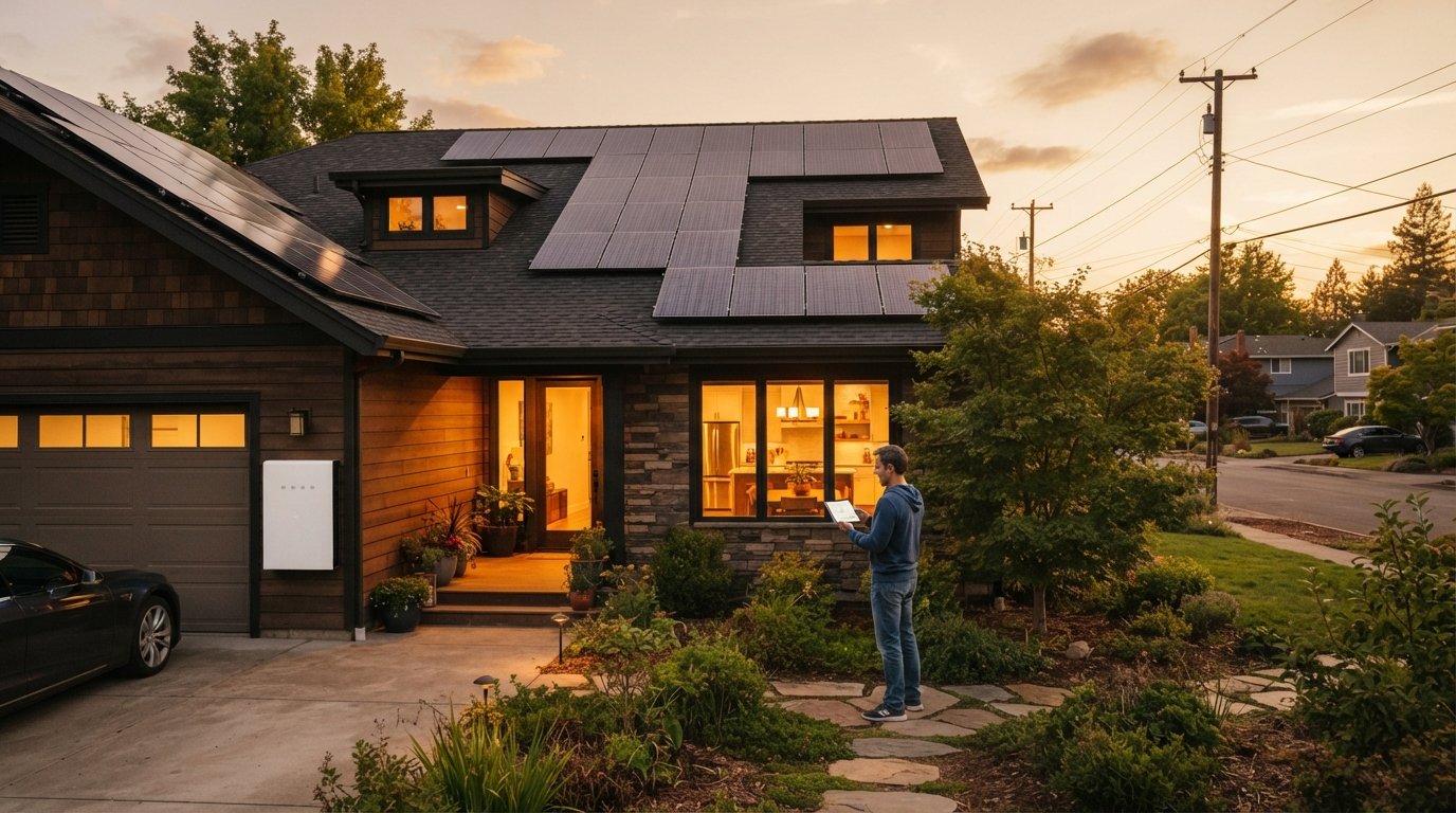 Suburban home with rooftop solar panels and a wall-mounted home battery on the garage, homeowner checking a tablet showing…