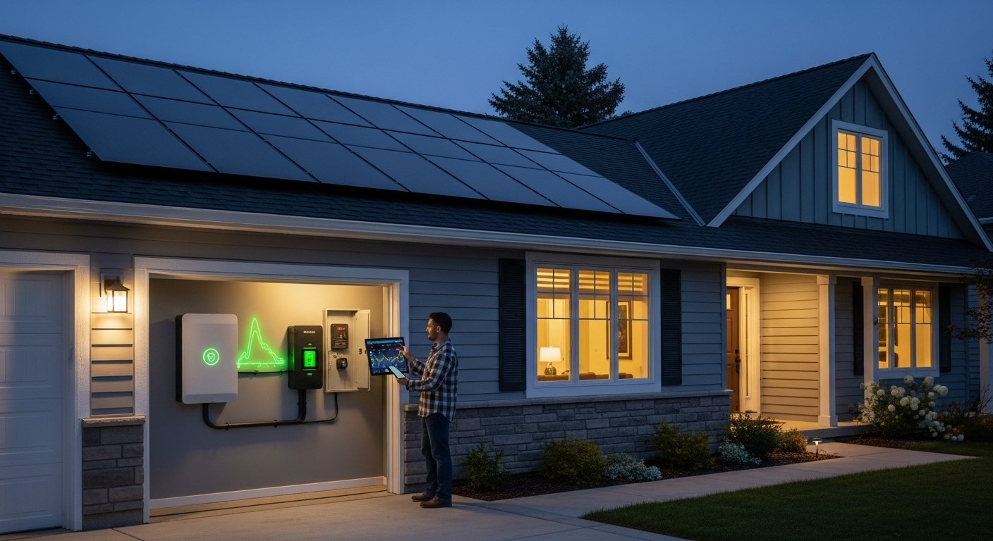 Modern suburban home at dusk with roof solar panels and a wall-mounted battery unit in the garage, as a homeowner checks an…