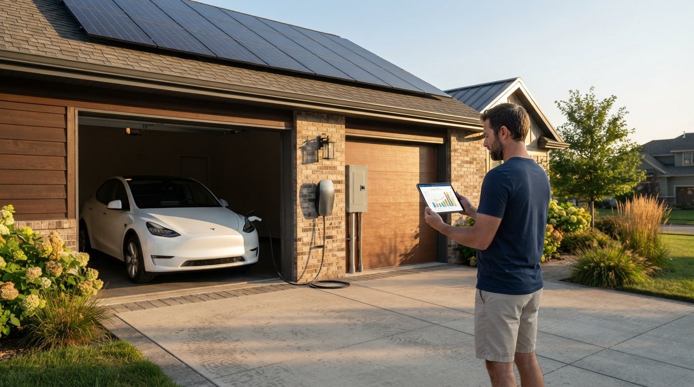 White electric car charging in a two-car garage with rooftop solar panels and a homeowner checking usage on a tablet