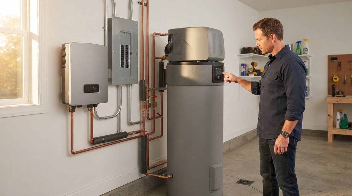 Homeowner checking a digital display on a tall heat pump water heater beside a wall-mounted solar inverter and electrical…