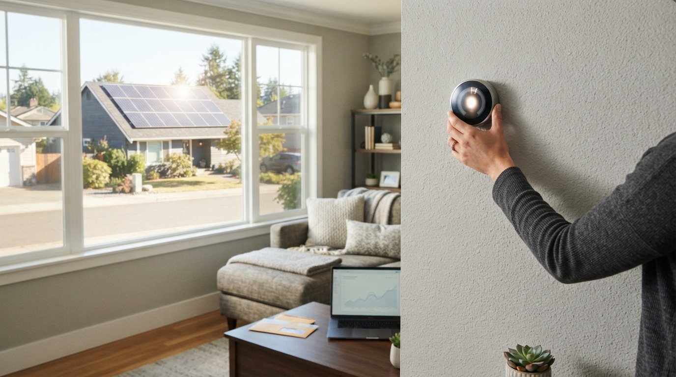 Hand adjusting a wall-mounted smart thermostat with a glowing circular display in a bright living room, solar panels…