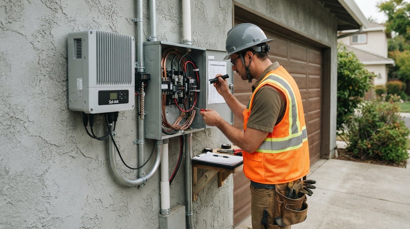 Solar installer in safety vest and hard hat examines a whole-home surge protection device beside a solar inverter, with…