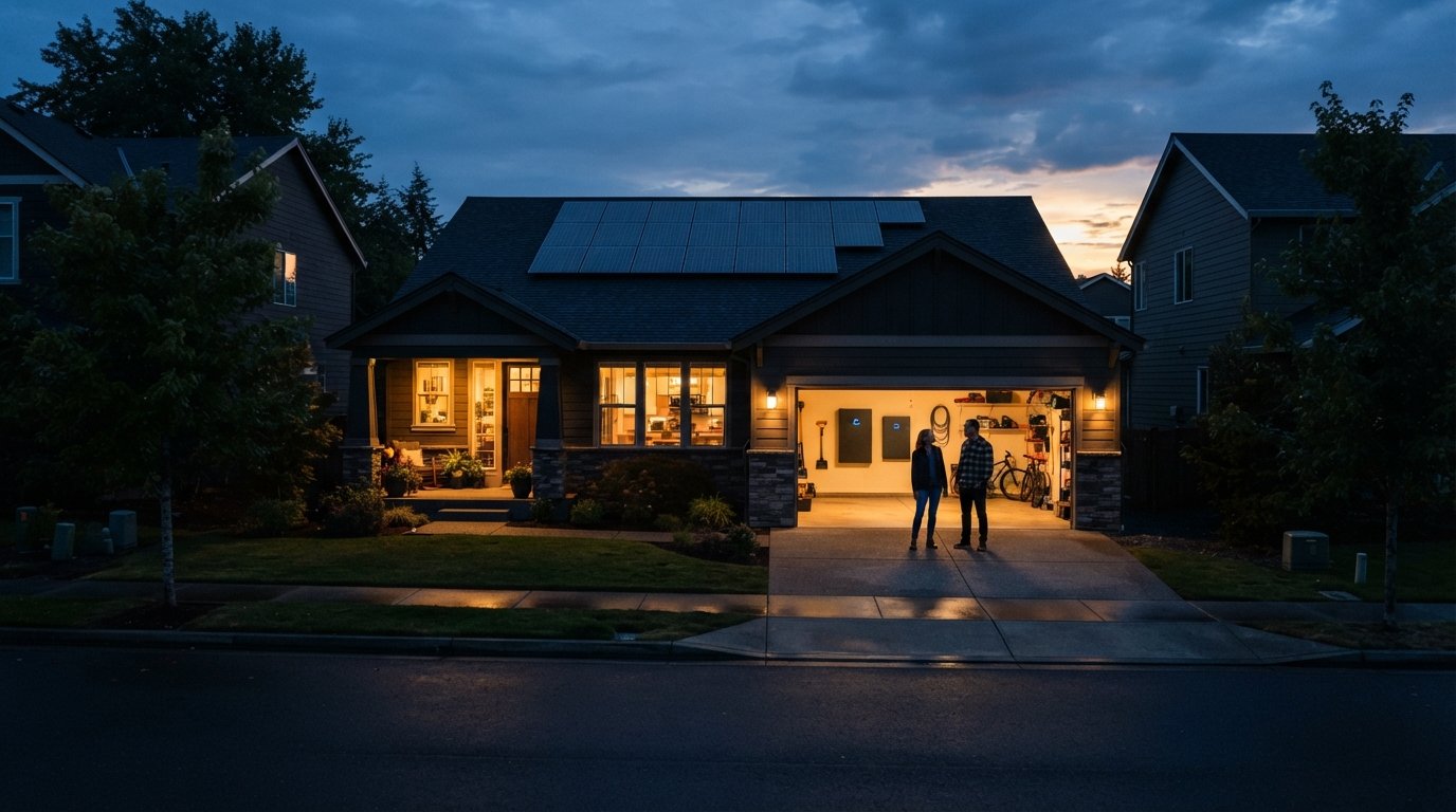 Suburban home with rooftop solar panels glowing warmly during a neighborhood blackout while nearby houses stay dark