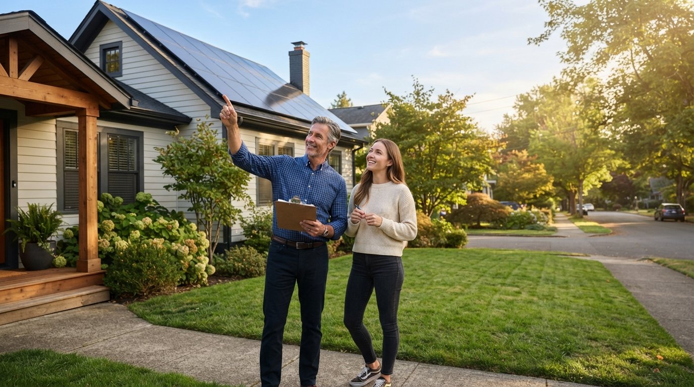 Landlord pointing at rooftop solar panels while a tenant holding a clipboard nods in the front yard of a suburban rental home