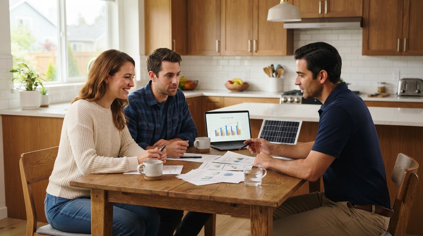 Couple at a kitchen table reviewing solar paperwork with a sales representative, laptop showing an energy chart, and a…