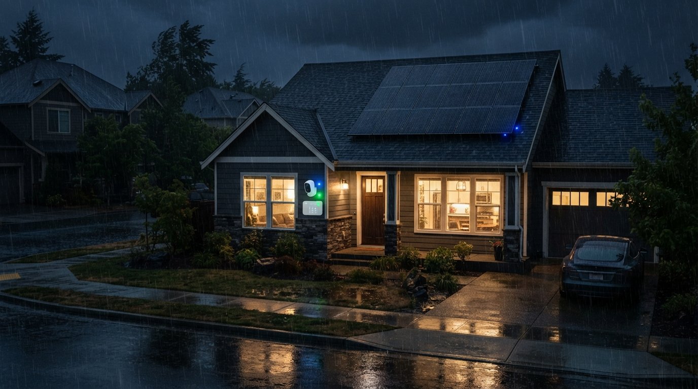 Suburban home at night in rain with roof solar panels, exterior security camera and alarm panel lit by green and blue…