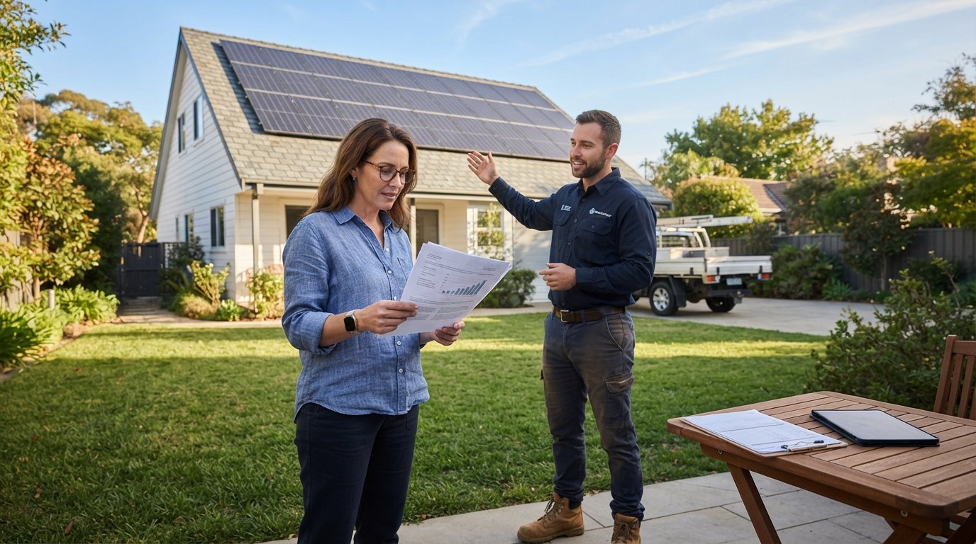 Homeowner in casual clothes reads a solar contract in a sunny backyard while an installer gestures toward rooftop solar…