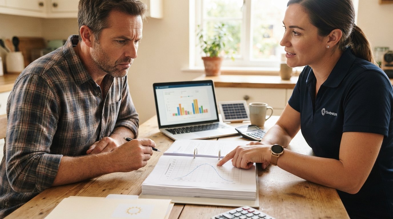 Homeowner and solar installer review a contract at a kitchen table with an annual kilowatt-hour output chart and a laptop…