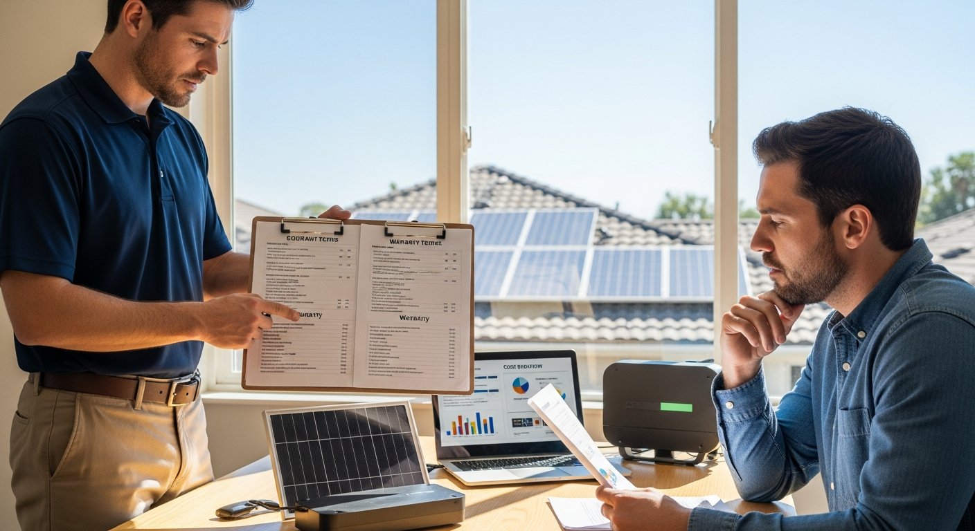 Solar installer in a navy polo shirt points to a clipboard with side-by-side equipment and warranty lists while a homeowner…