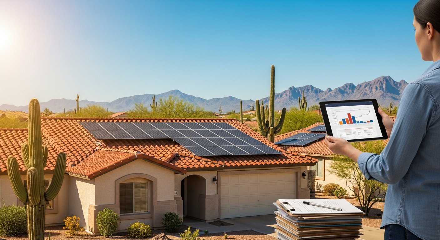 Homeowner in driveway holding tablet with solar quote comparison, solar panels on red-tile roof, desert background