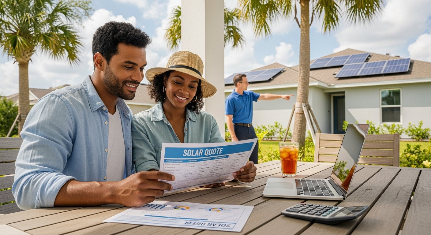 Couple on a Florida porch reviewing a solar quote comparison chart with an installer pointing to roof panels