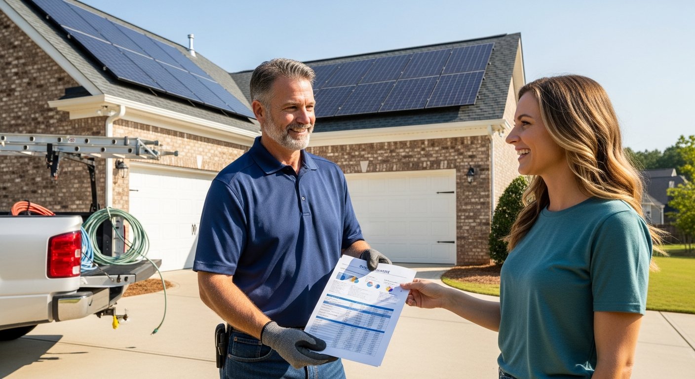 Solar installer in navy polo hands a detailed quote document to a smiling woman in a driveway, with rooftop panels and…