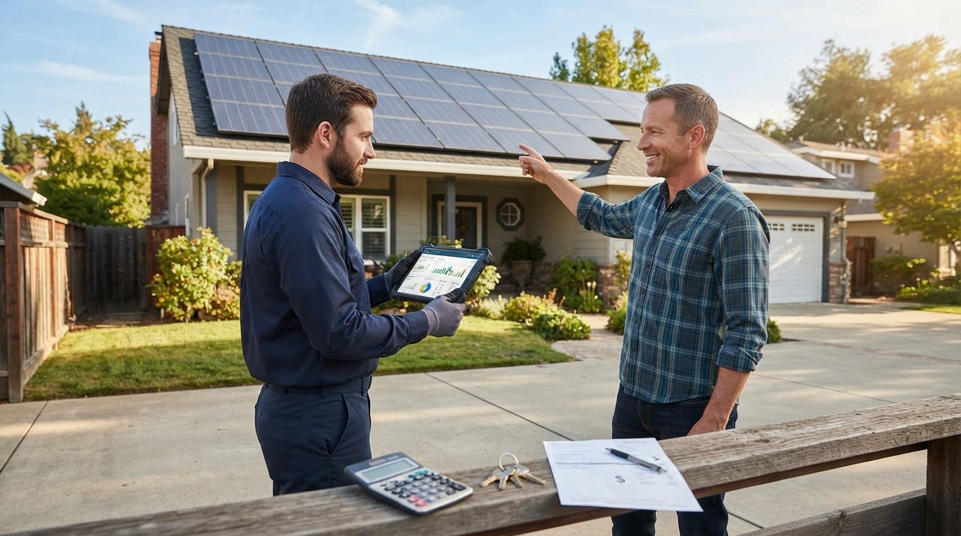 Solar installer in navy uniform checks a tablet on a driveway beside a house with solar panels, while the homeowner looks on.