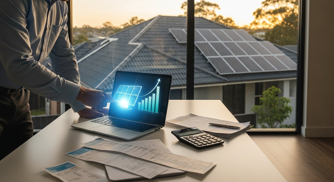 Financial analyst pointing at laptop screen showing solar panel and rising bar chart, with utility bills and calculator on…