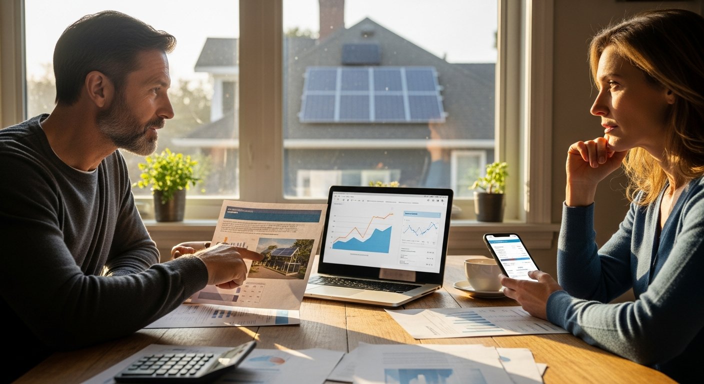 Couple at a kitchen table reviewing a solar panel quote on paper while a laptop shows a savings calculator graph and a…