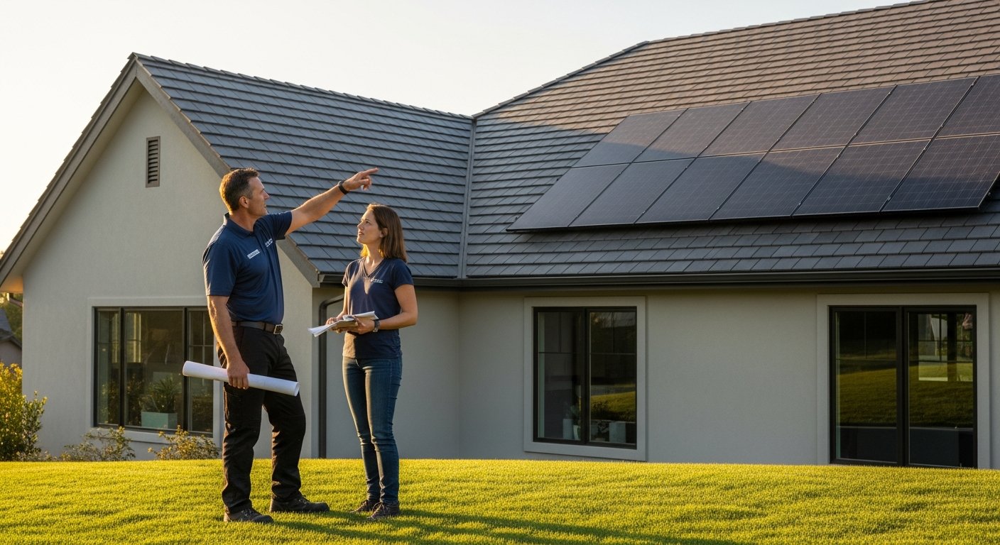 A contractor in a navy polo shirt points at the dark gray solar shingle roof of a suburban home while a homeowner looks on…