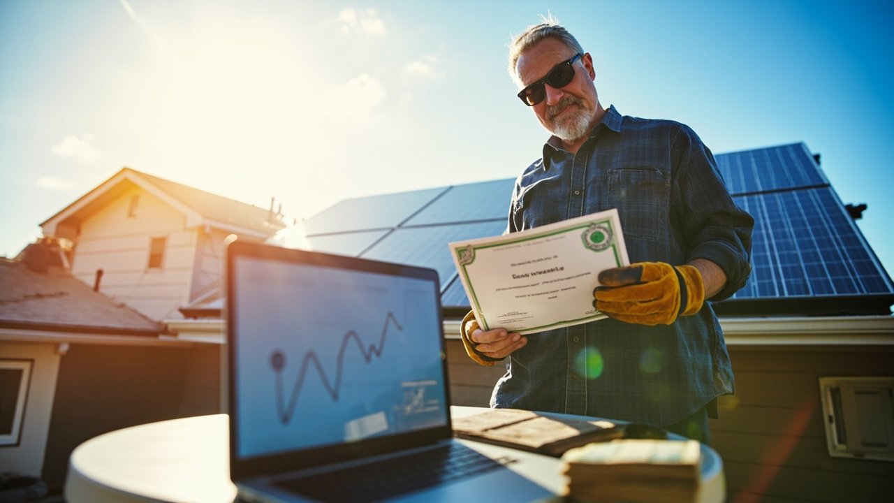 Homeowner in plaid shirt holding an SREC certificate beside rooftop solar panels, with a laptop showing an upward profit…