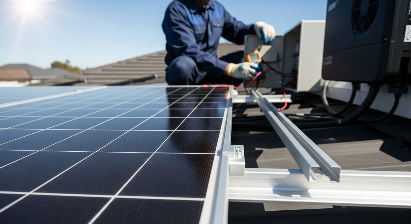Close-up of a monocrystalline solar panel with dark grid cells, silver mounting rail, and black inverter box with cooling…
