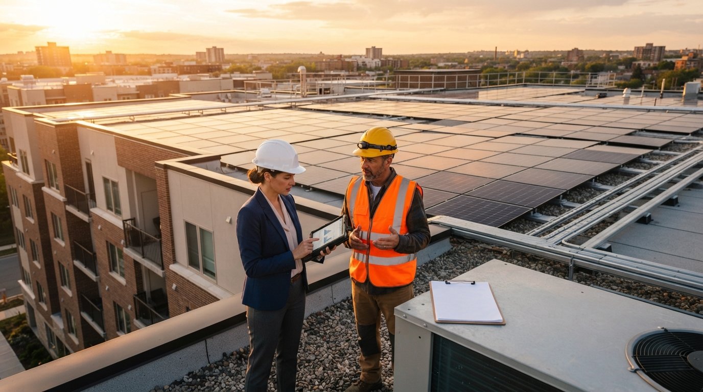 Property manager and solar installer reviewing a tablet on a multifamily apartment rooftop covered with black solar panels…