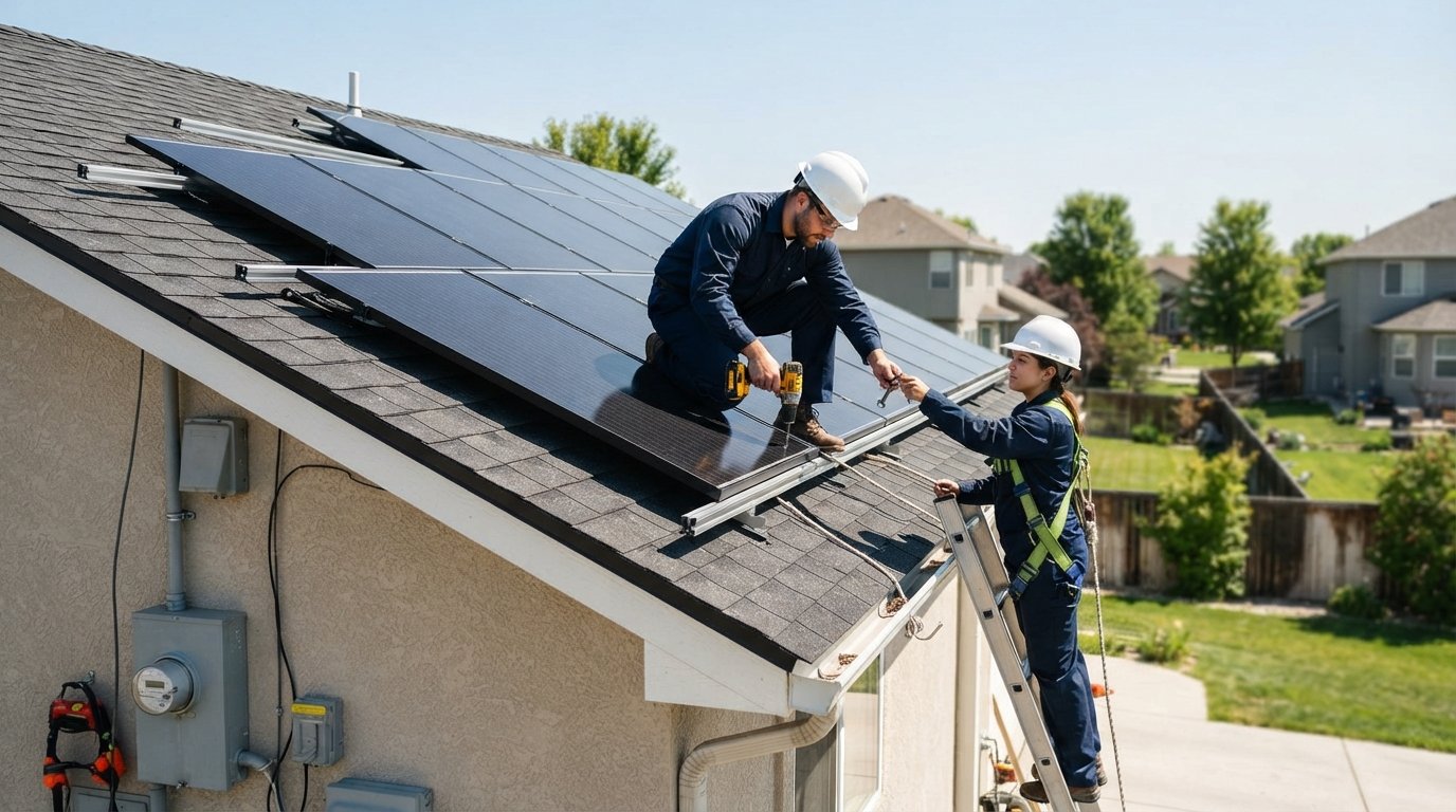 Professional solar installer in hard hat kneels on asphalt shingle roof, drilling a black solar panel into silver aluminum…