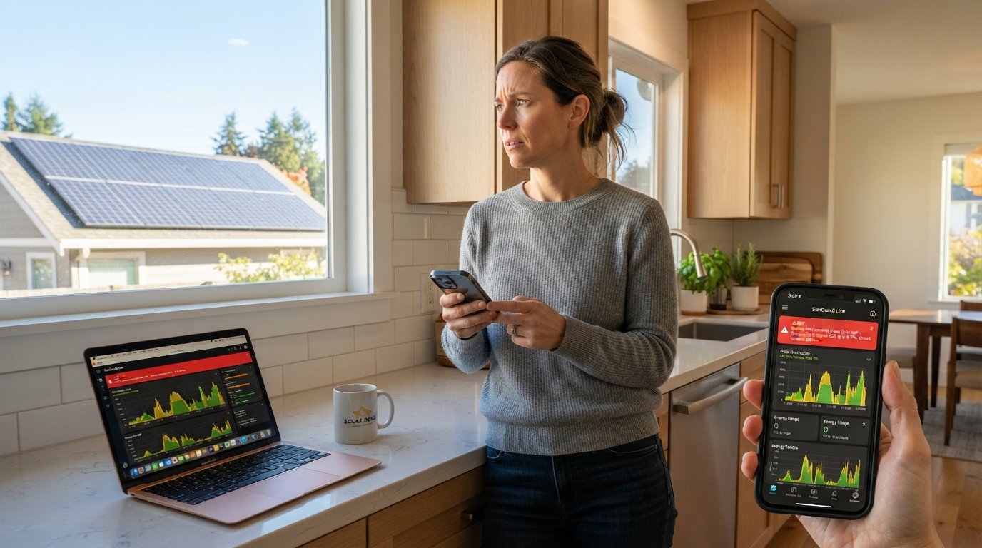 Homeowner in a kitchen holding a smartphone showing a solar monitoring dashboard with a red alert notification, rooftop…