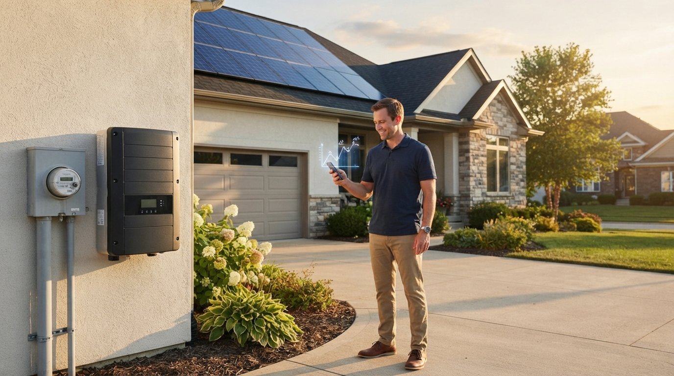 Homeowner stands in driveway at sunset holding smartphone displaying energy graph, solar panels on roof, inverter box on wall