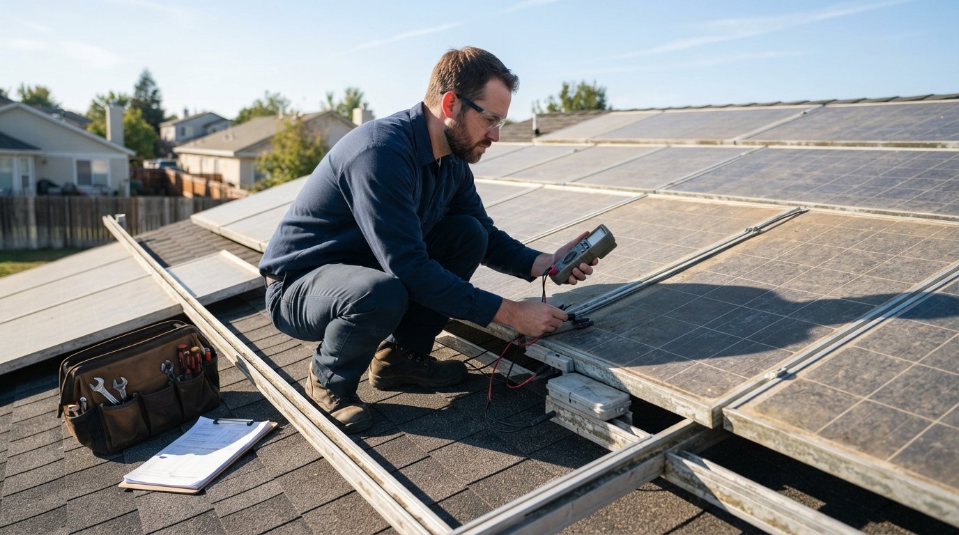 Solar technician in navy shirt and safety glasses testing a weathered rooftop solar panel with a handheld multimeter on a…