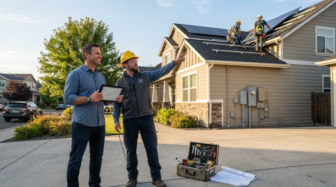 Homeowner holding tablet with cost graph while solar installer points to roof being fitted with panels