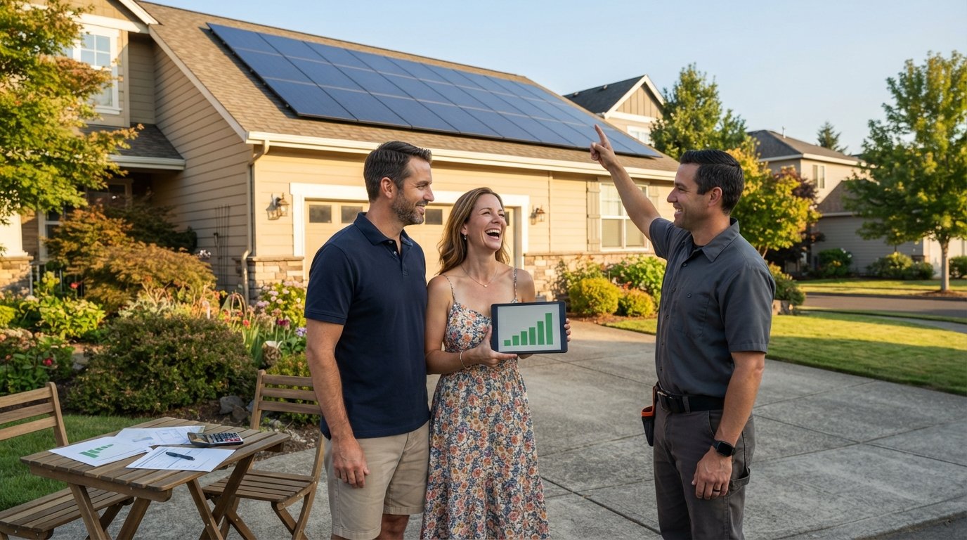 Smiling couple with a solar installer reviewing a bar chart on a tablet in front of their home's rooftop solar panels