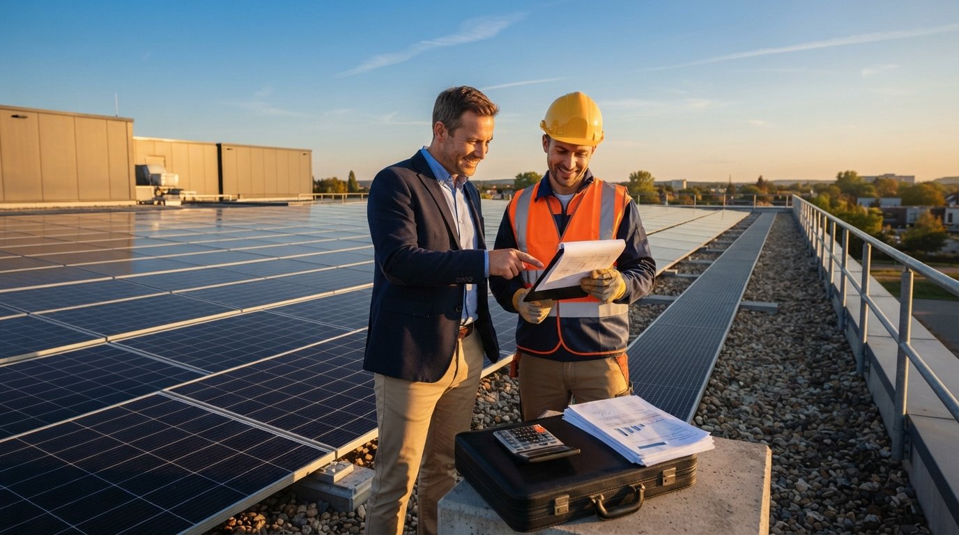 Business owner and solar installer reviewing documents on a rooftop covered with solar panels at sunset