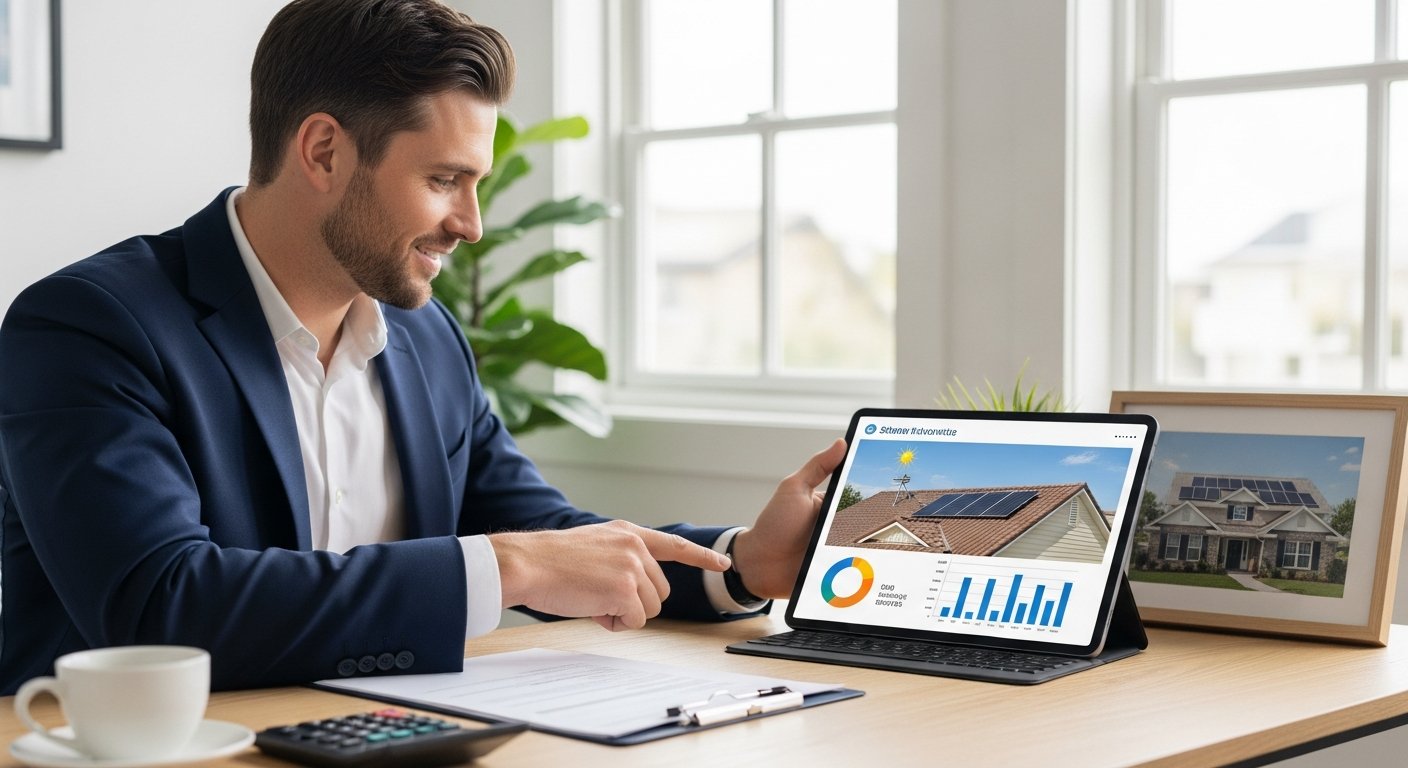 Financial advisor in navy blazer points to tablet showing solar panel diagram and savings chart in bright home office