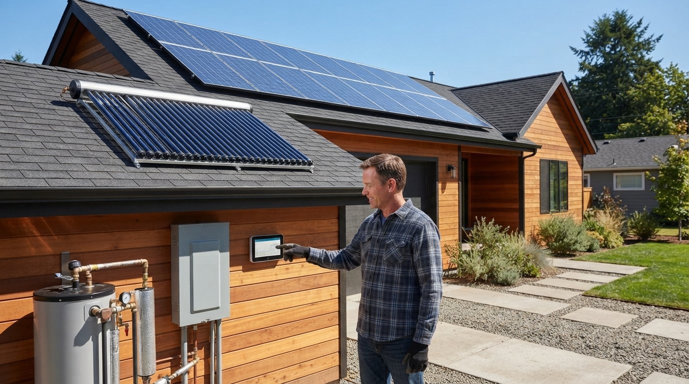Photovoltaic panels and a solar thermal collector on a house roof, with a man pointing to an energy monitor