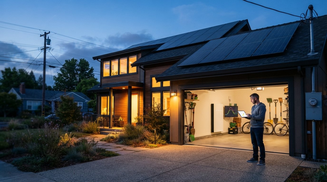Homeowner in a garage checking a tablet beside a wall-mounted home battery, with rooftop solar panels and a utility meter…