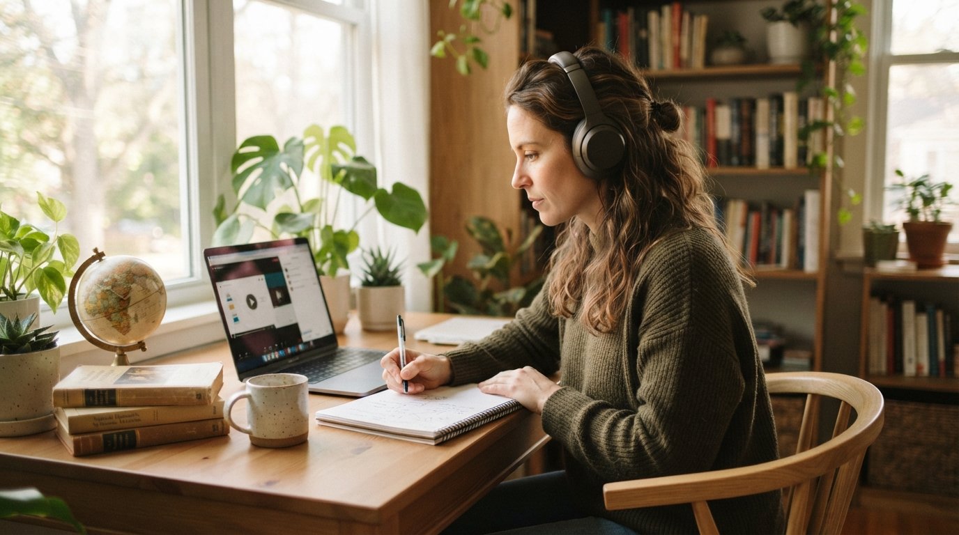 Adult learner in a sweater and headphones writing in a notebook at a wooden desk beside an open laptop and a stack of…
