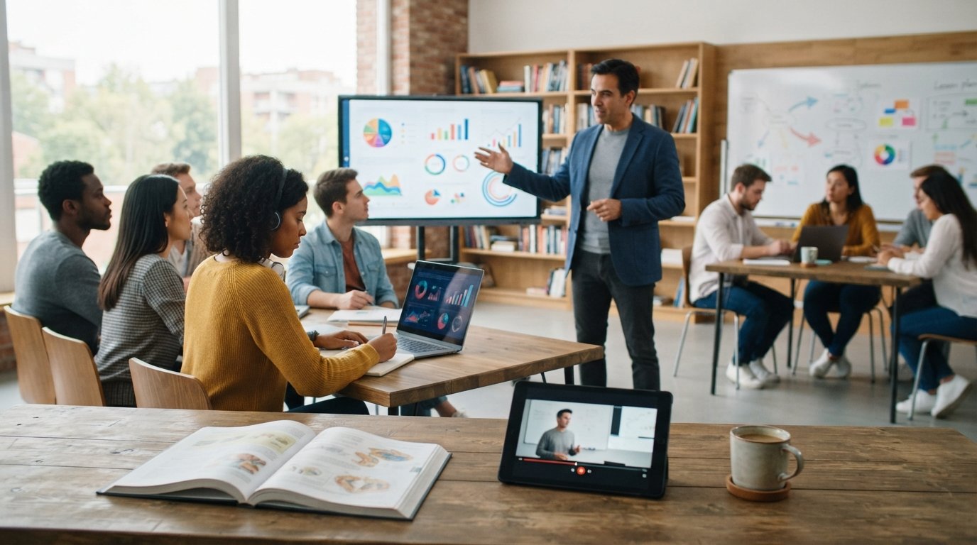 Adult students using laptops and a tablet in a bright hybrid classroom while a professor points to charts on a digital screen