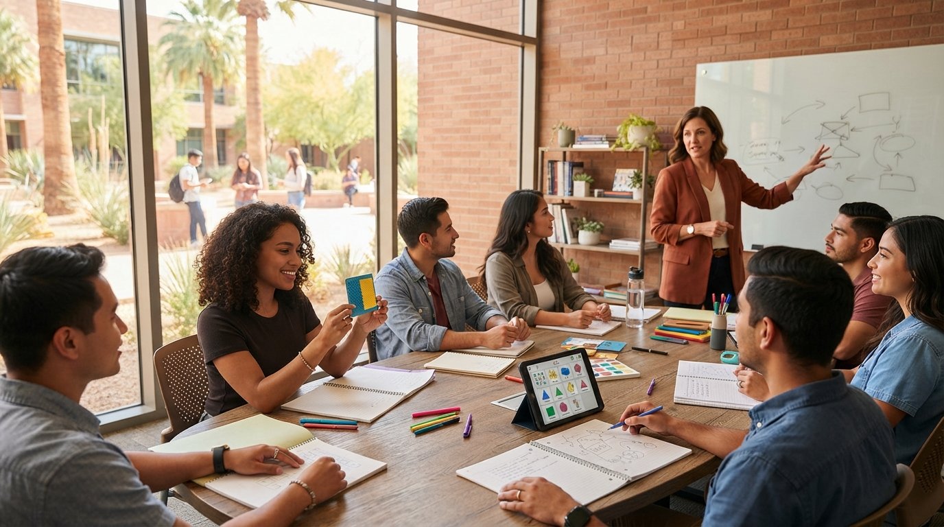 Graduate students seated around a curved seminar table with notebooks and assistive learning tools while a professor…