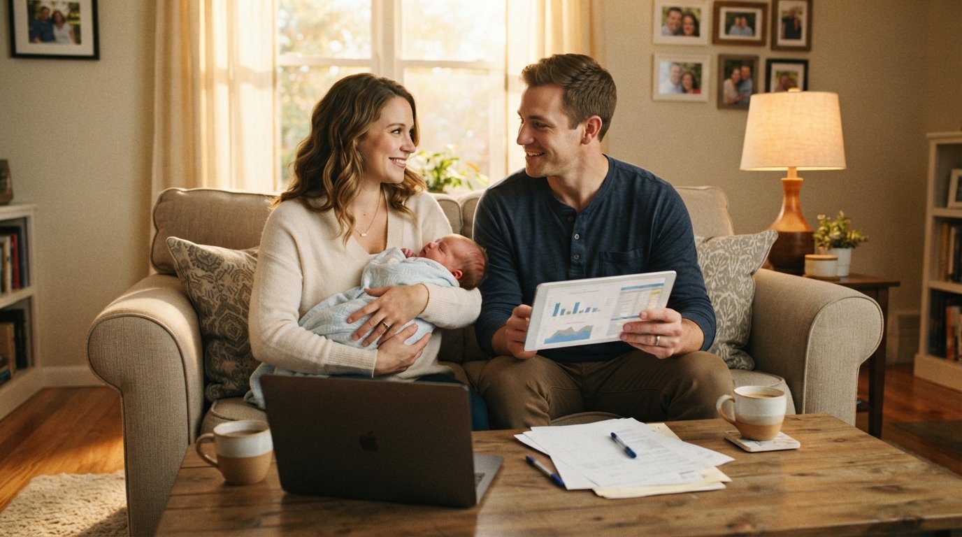 Young couple on a beige sofa, woman cradling a swaddled newborn in a light blue blanket while man reviews paperwork on a…