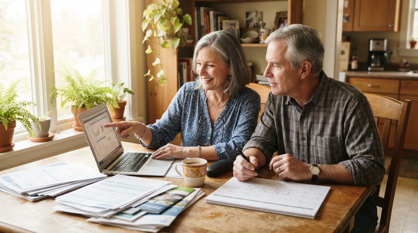 Couple in their early 60s at a sunlit kitchen table with a laptop, Medicare paperwork, and a calendar, the woman pointing…
