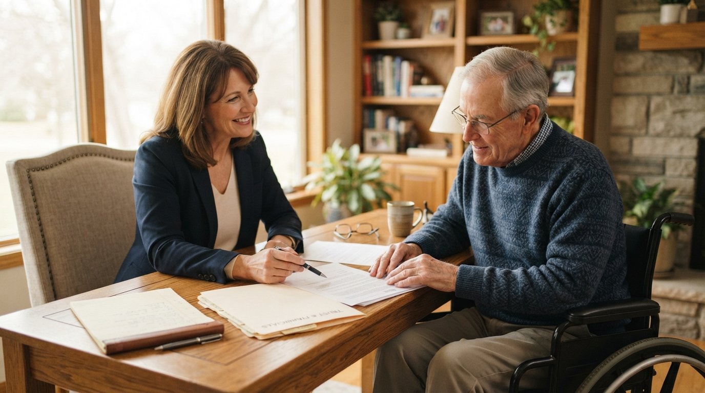Woman in navy blazer and older man in wheelchair review trust documents together at a wooden desk in a home office