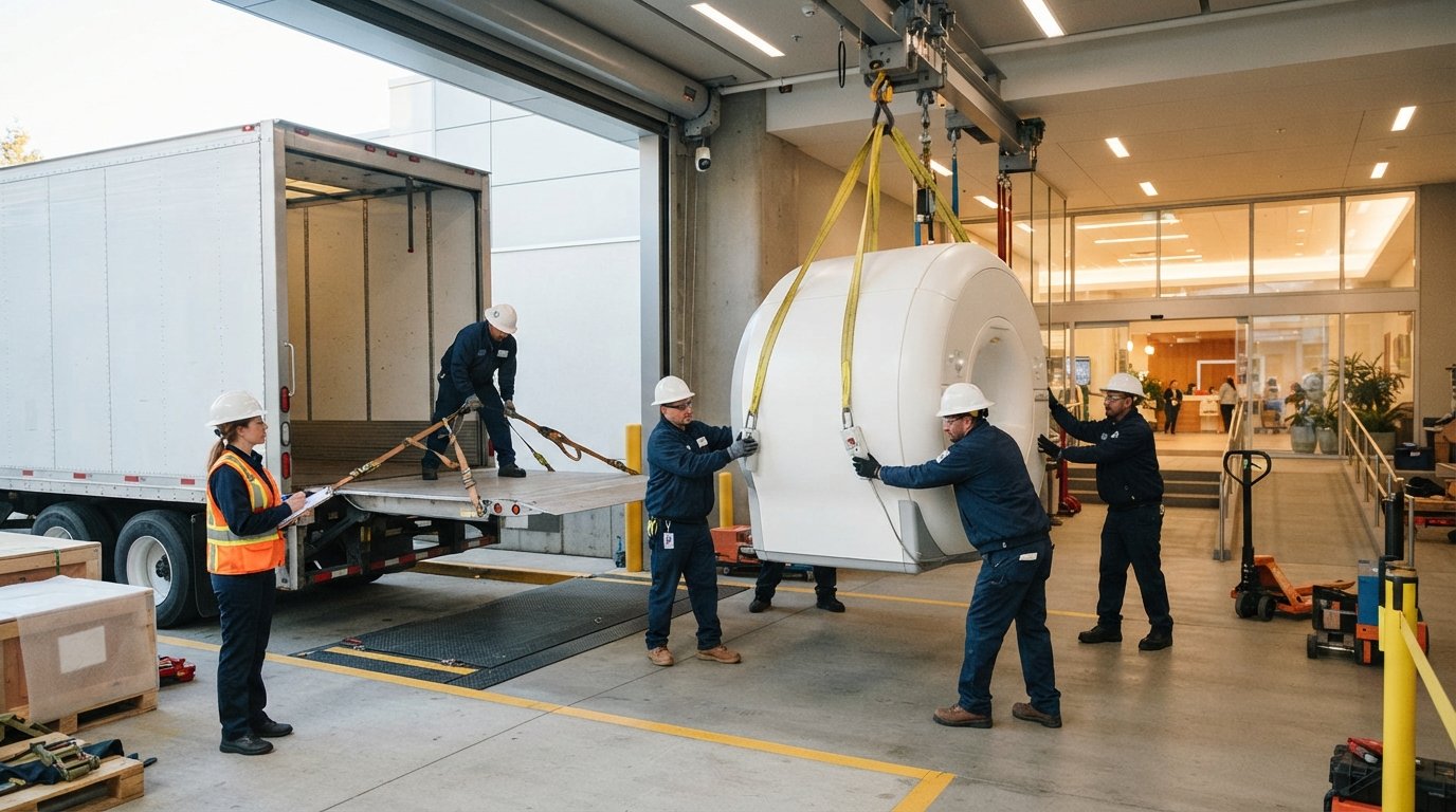 Professional movers in hard hats guide a white MRI machine suspended by yellow straps through a medical facility loading dock