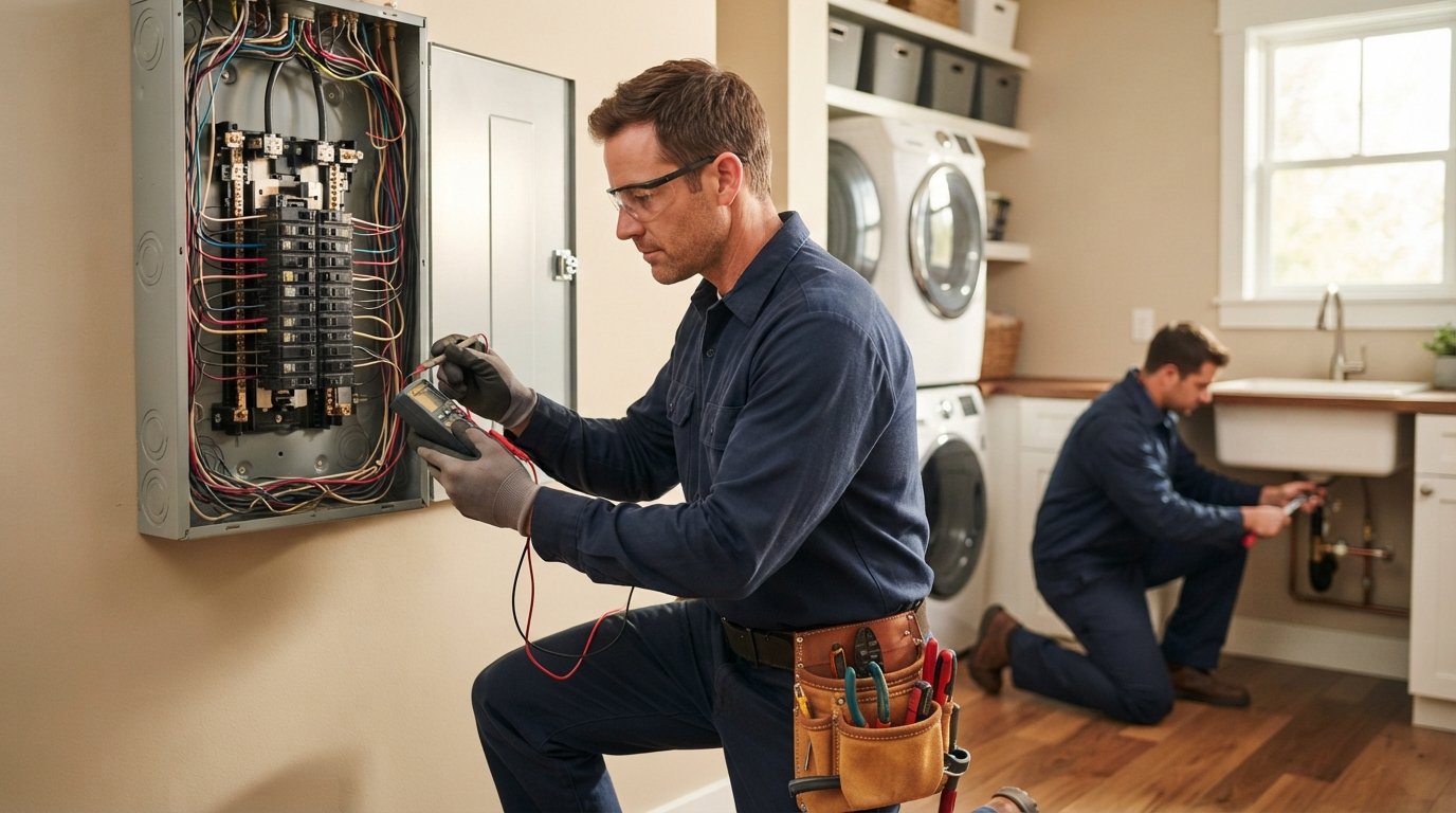 Electrician in navy uniform and safety glasses testing a residential breaker panel with a multimeter while a plumber checks…