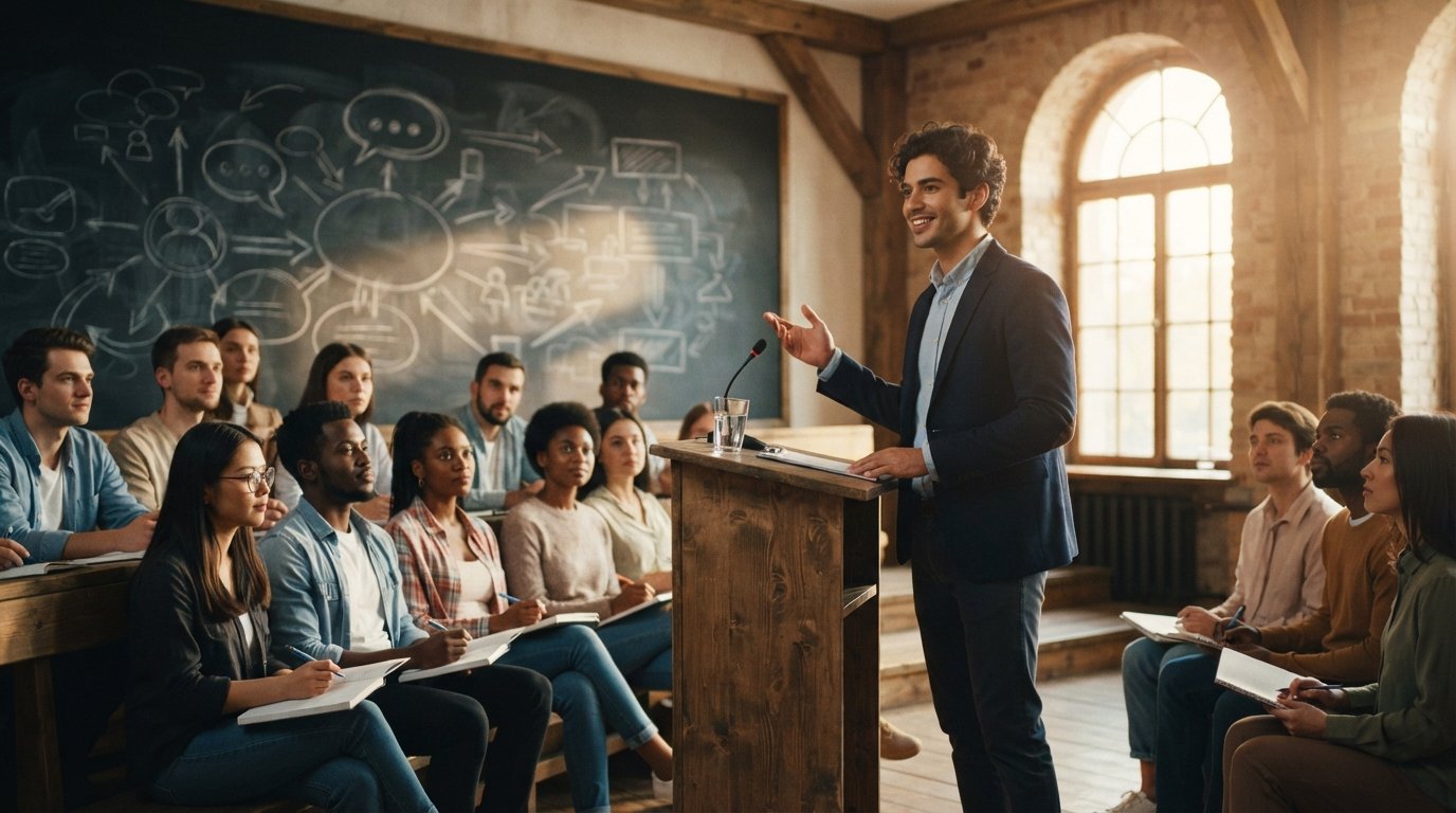 Student in navy blazer gestures at a wooden podium before seated peers in a sunlit lecture hall with chalkboard diagrams…