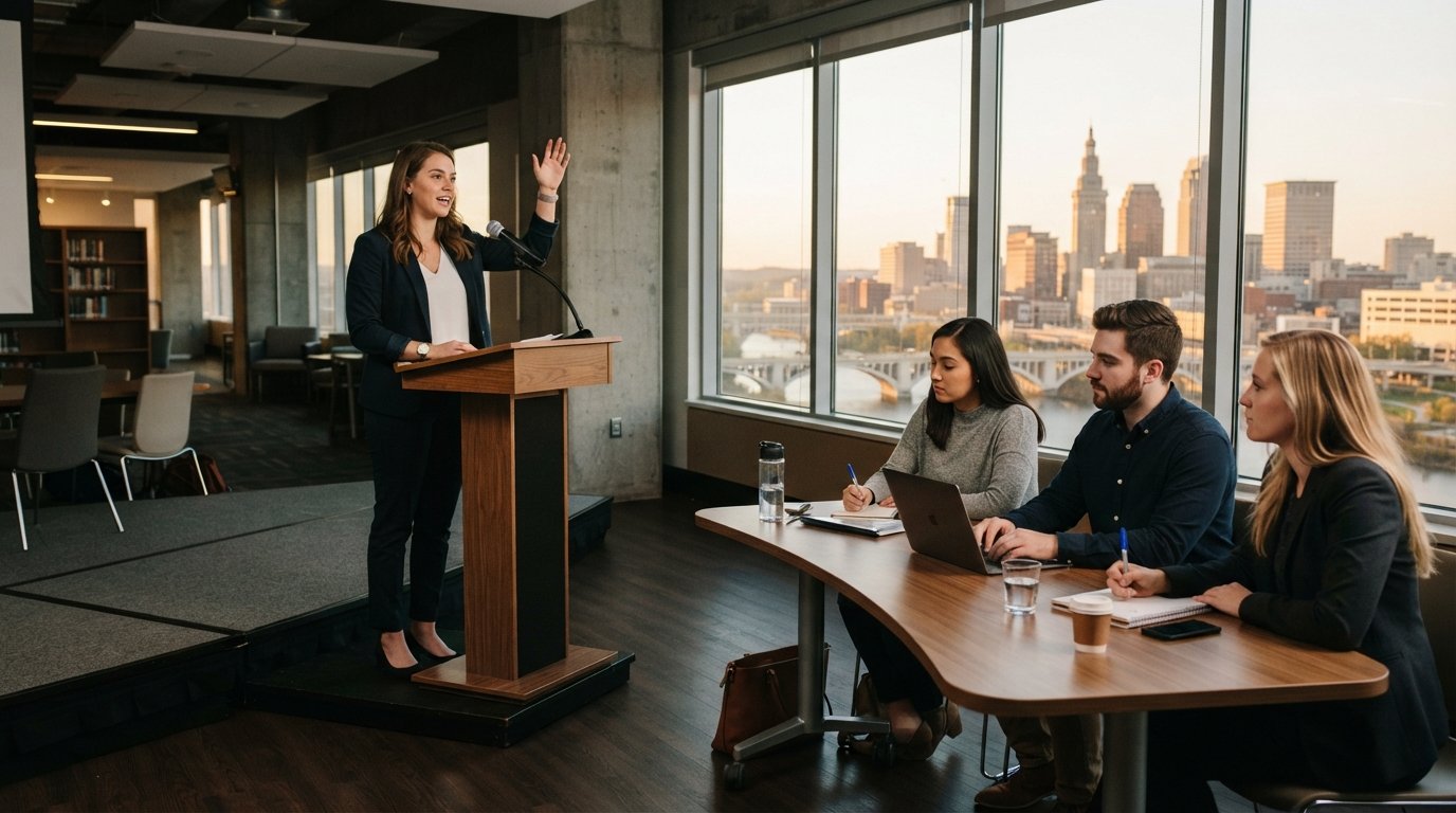 Graduate student speaking at a podium with a microphone while three peers take notes at a curved wooden table in a sunlit…
