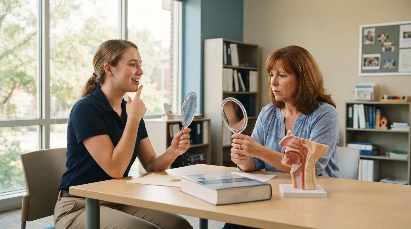Graduate student in navy polo demonstrates mouth exercises with a hand mirror to a seated woman at a clinic table with a…