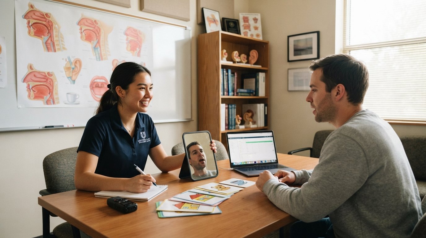 Graduate student in navy polo practicing articulation therapy with an adult client at a table with a mirror, picture cards,…