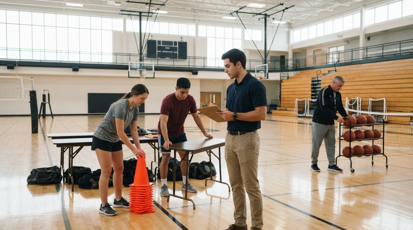 Student with clipboard supervises peers arranging cones and tables in a college gymnasium